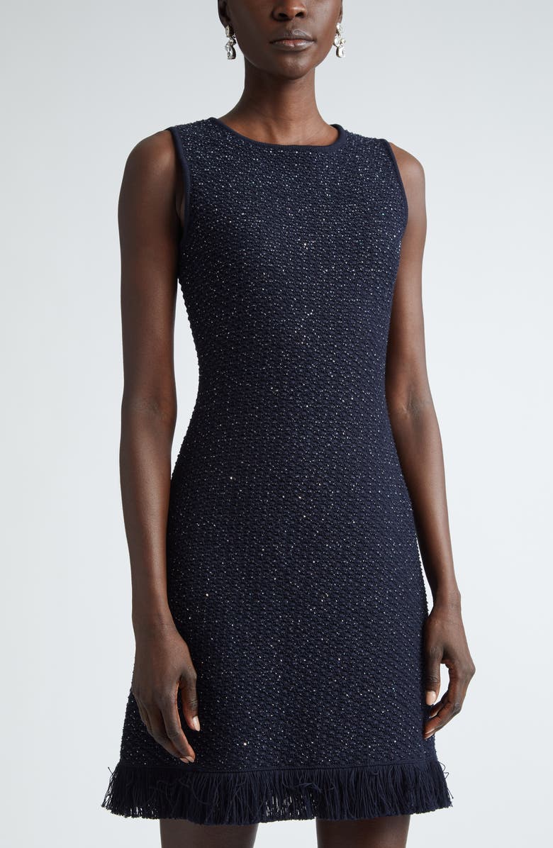Oscar de la Renta Sequin Tweed Cocktail Dress, Alternate, color, Navy