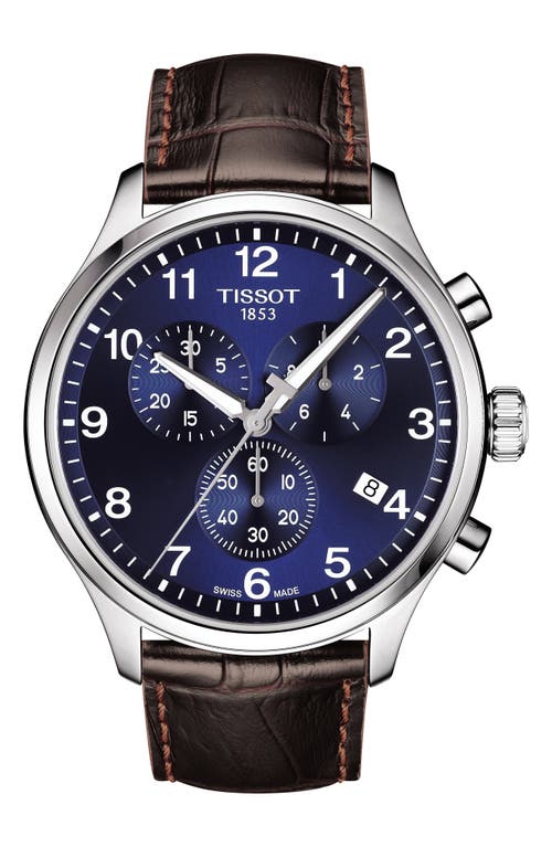 Tissot Chrono XL Collection Chronograph Leather Strap Watch, 45mm in Brown/Blue/Silver at Nordstrom