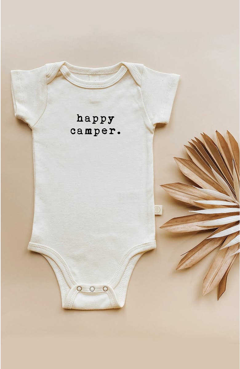 Tenth & Pine Happy camper Organic Baby Bodysuit, Alternate, color, Natural Black Lettering