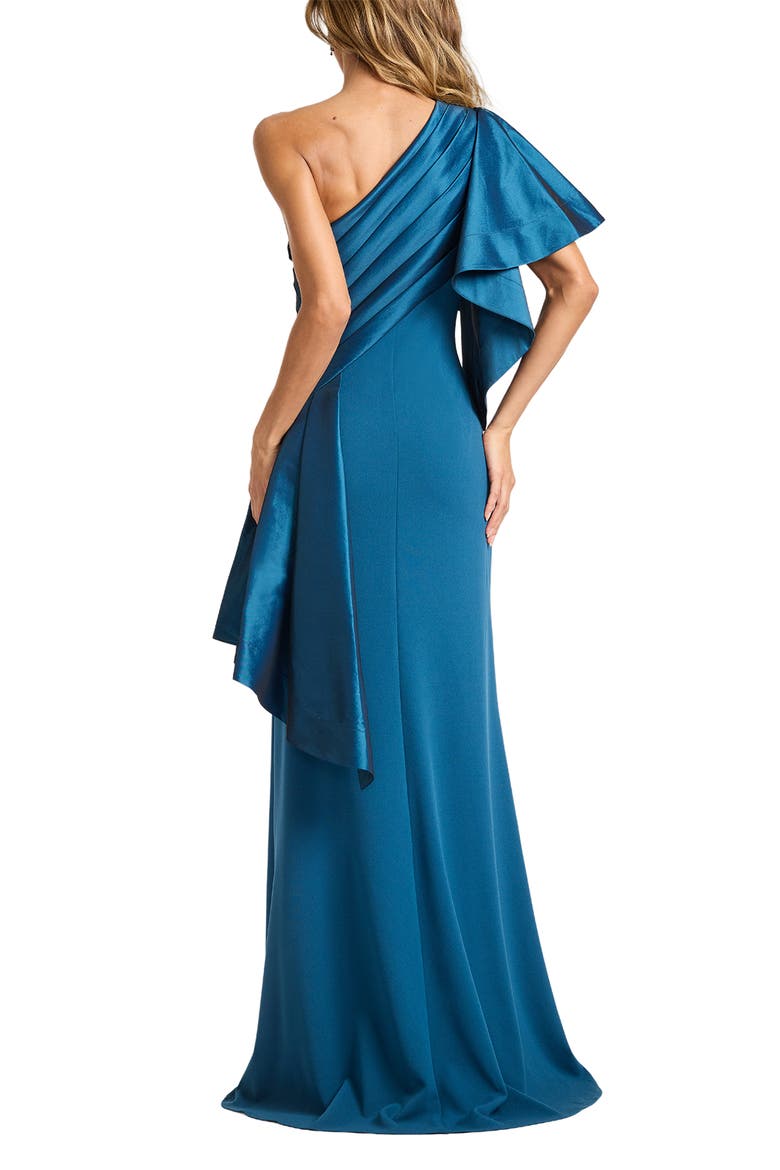 Draped One-Shoulder Mixed Media Gown, Alternate, color, CERULEAN
