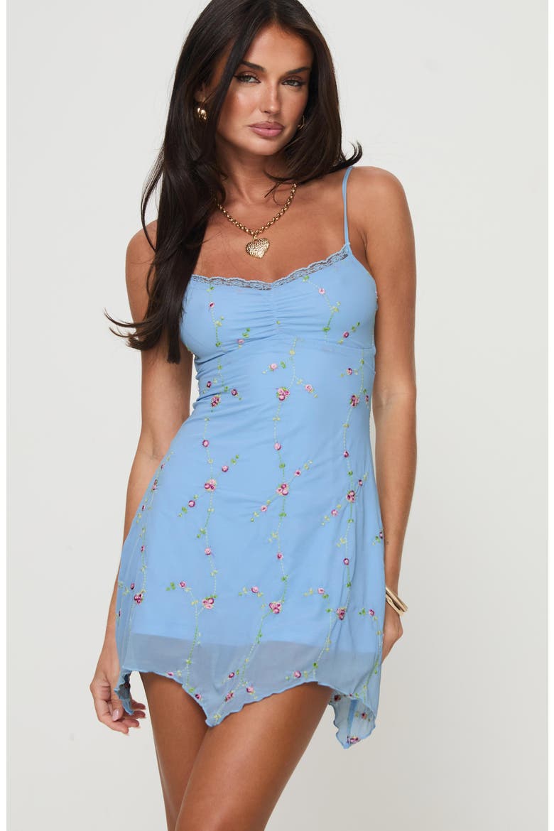 Harkin Floral Embroidered Handkercheif Hem Minidress, Alternate, color, BLUE