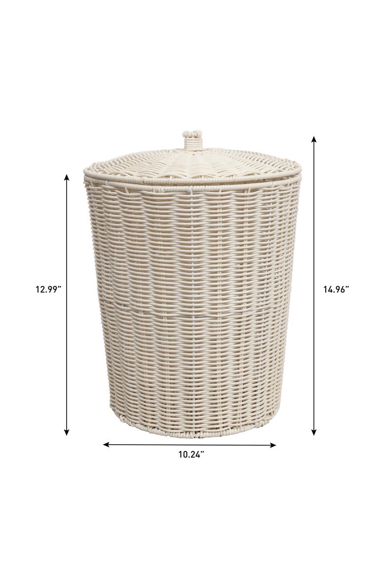 Resin 4.7-Gallon Tapered Round Wicker Watebasket with Lid, Alternate, color, White
