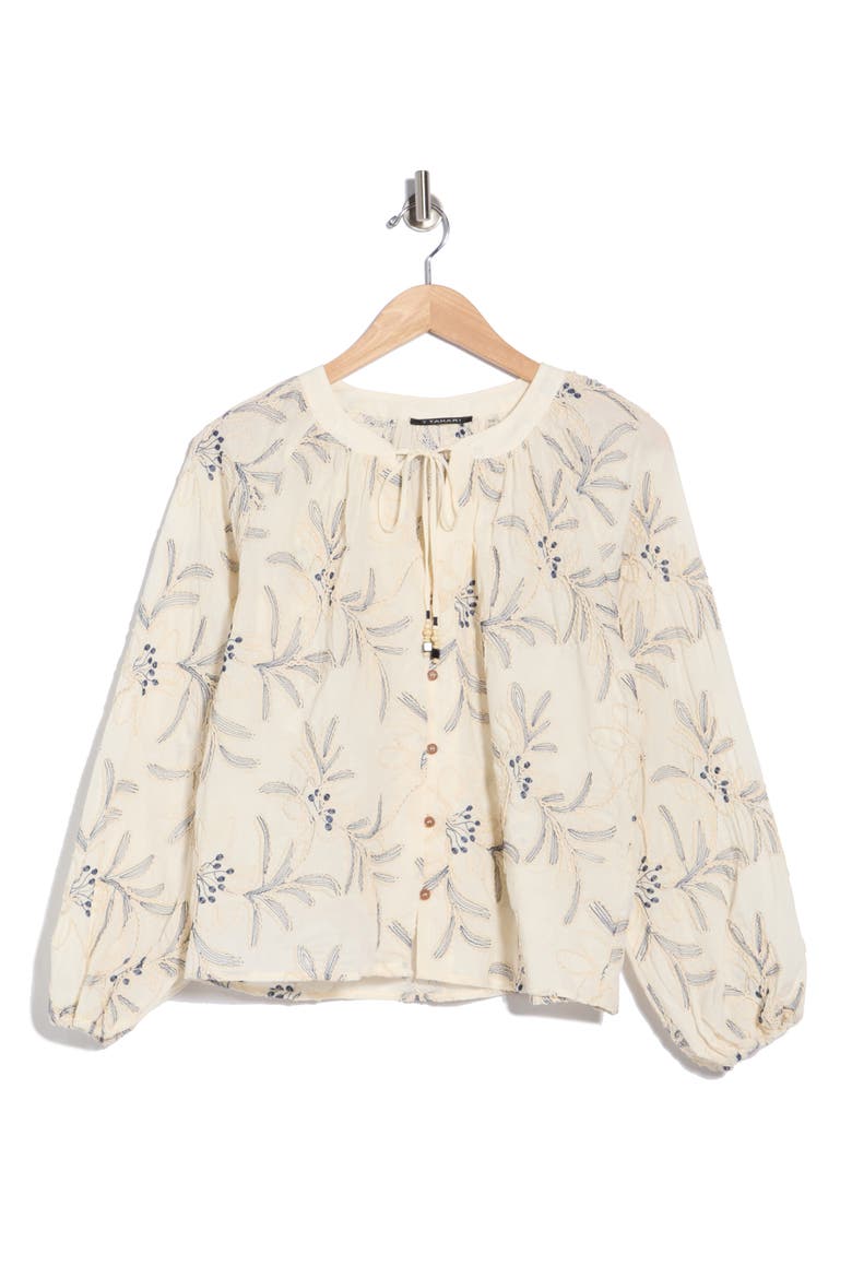 Embroidered Long Sleeve Cotton Top, Alternate, color, CREAM/ DEEP BLUE