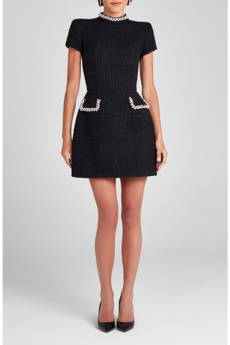Simone Embellished Trim Shimmer Tweed Minidress, Main, color, BLACK