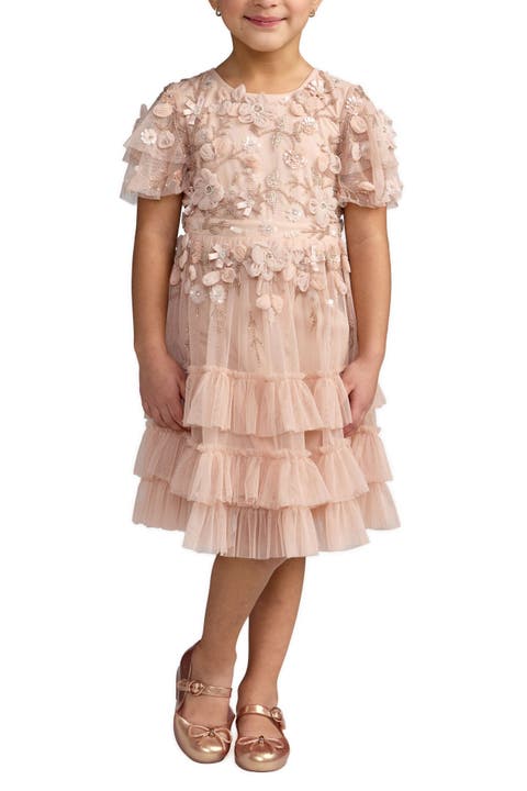 Girls Flutter Sleeve Tiered Ruffle Gown