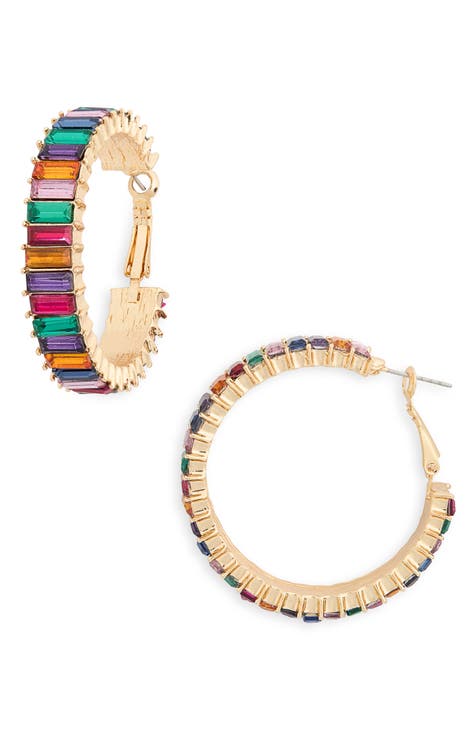 Rainbow Baguette Crystal Hoop Earrings