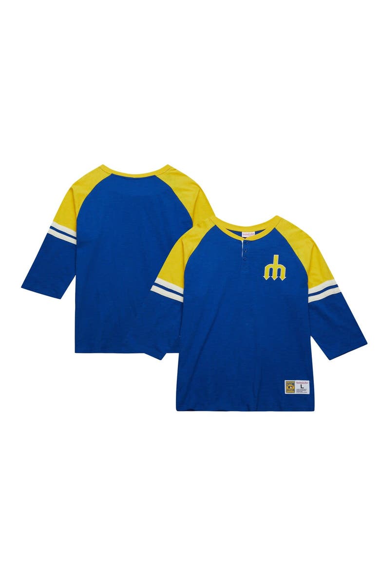 Mitchell & Ness Men's Mitchell & Ness Royal Seattle Mariners Cooperstown Collection Legendary Raglan Slub Henley 3/4-Sleeve T-Shirt, Main, color, Royal