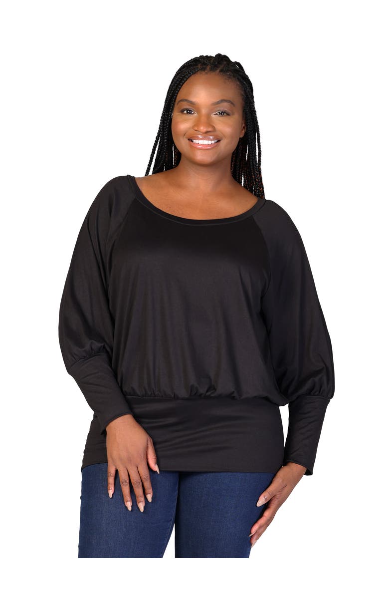 24seven Comfort Apparel Round Neck Long Blouson Sleeve Banded Bottom Top, Main, color, Black