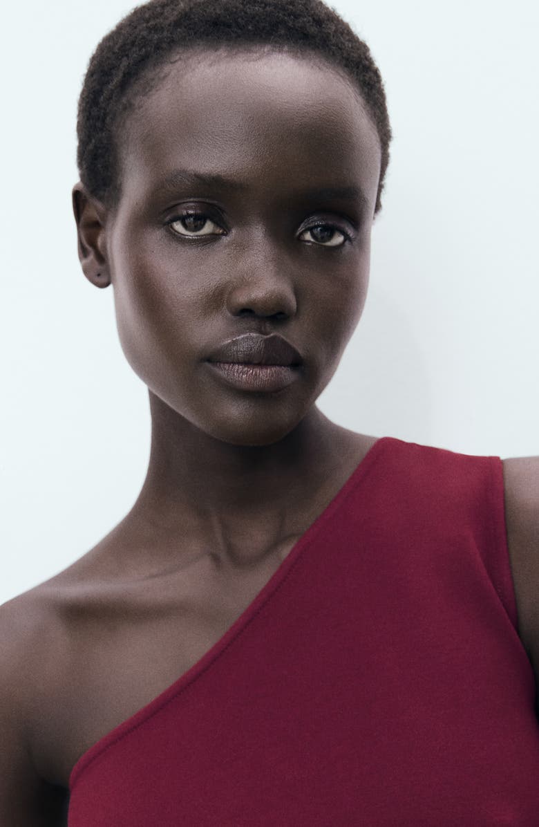 MANGO Ruched One-Shoulder Top, Alternate, color, Burgundy