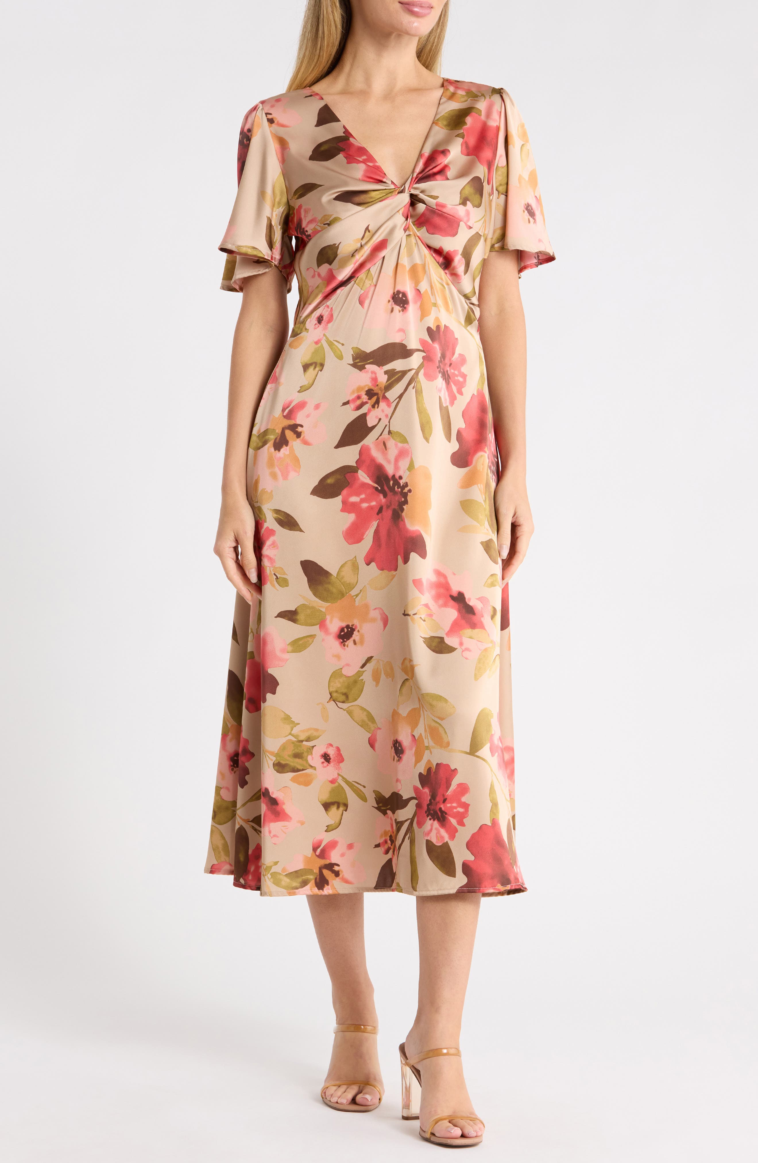 Front Twist Flutter Sleeve Midi Dress