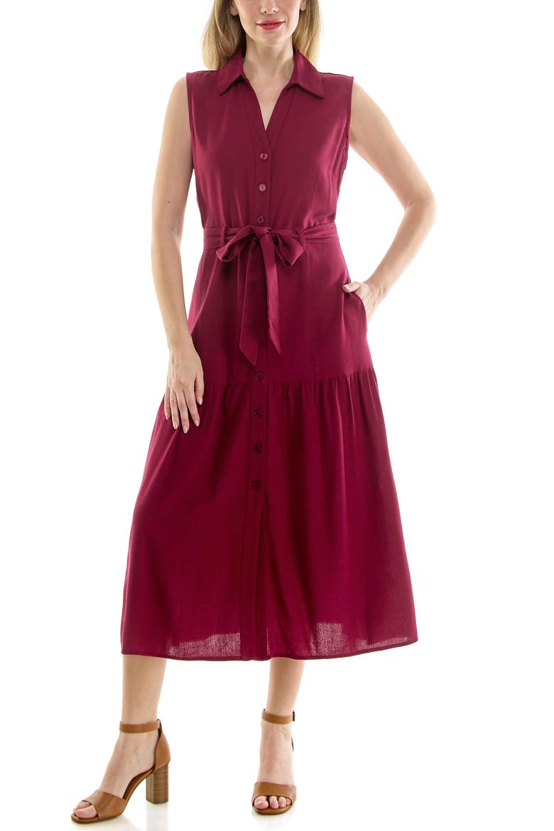 Sleeveless Belted Shirtdress, Alternate, color, BURGUNDY