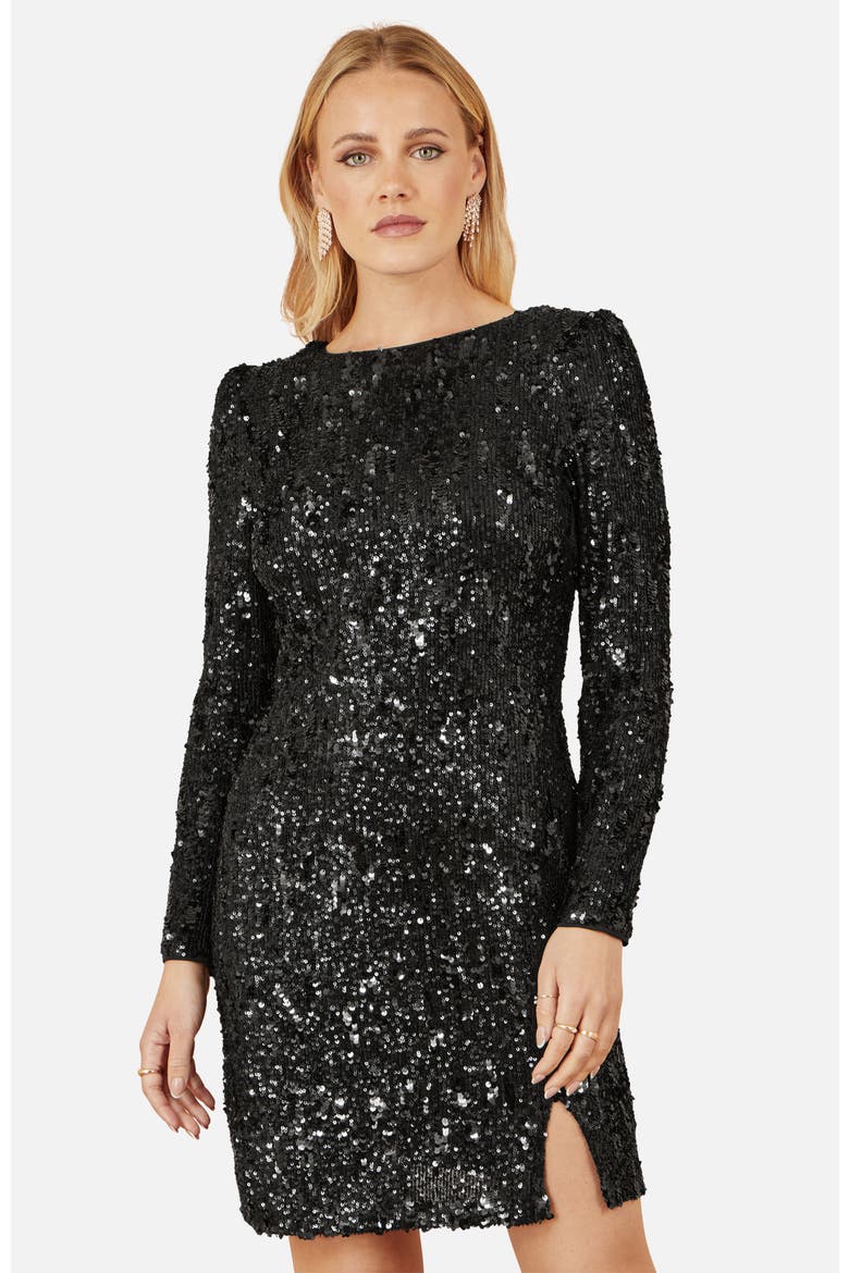 Sequin Long Sleeve Fitted Dress, Alternate, color, Black