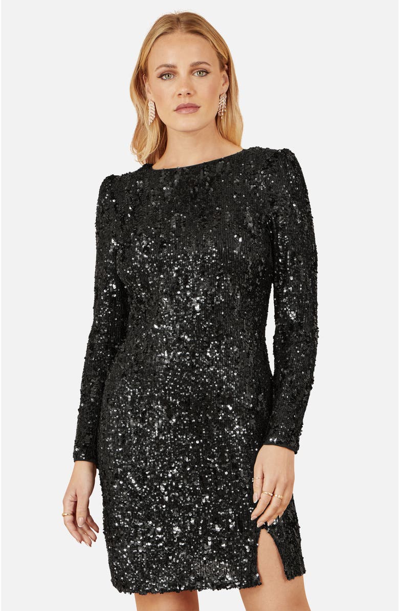 Yumi Sequin Long Sleeve Fitted Dress, Alternate, color, Black