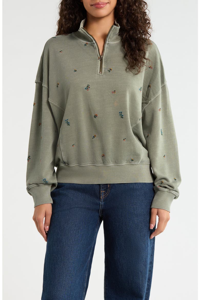 Embroidered Half-Zip Cotton Fleece Sweatshirt, Main, color, DUSTY OLIVE