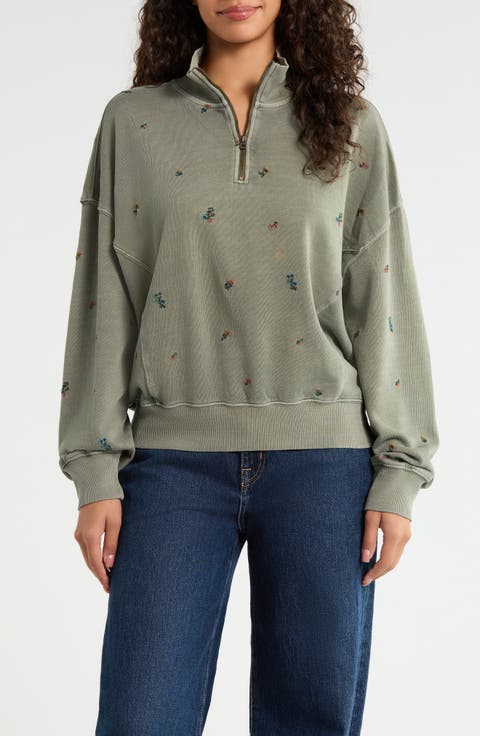 Embroidered Half-Zip Cotton Fleece Sweatshirt