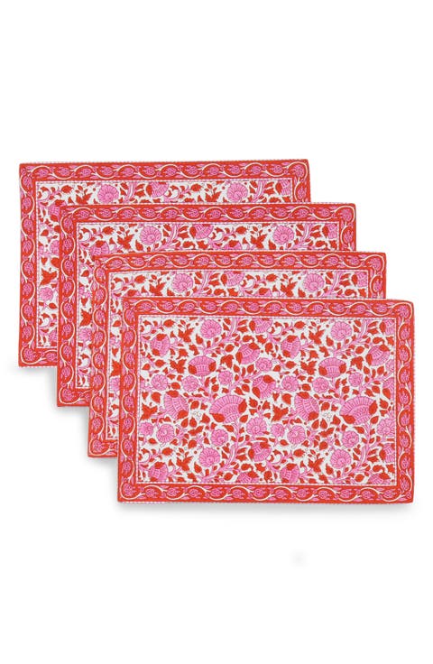 Set of 4 Floral Block Print Cotton Napkins