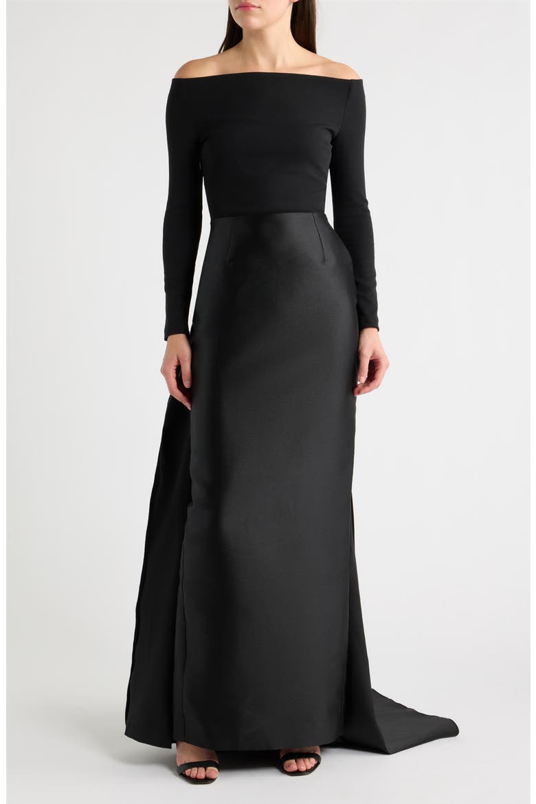 Winslow Off the Shoulder Long Sleeve Crepe & Satin Gown, Main, color, BLACK