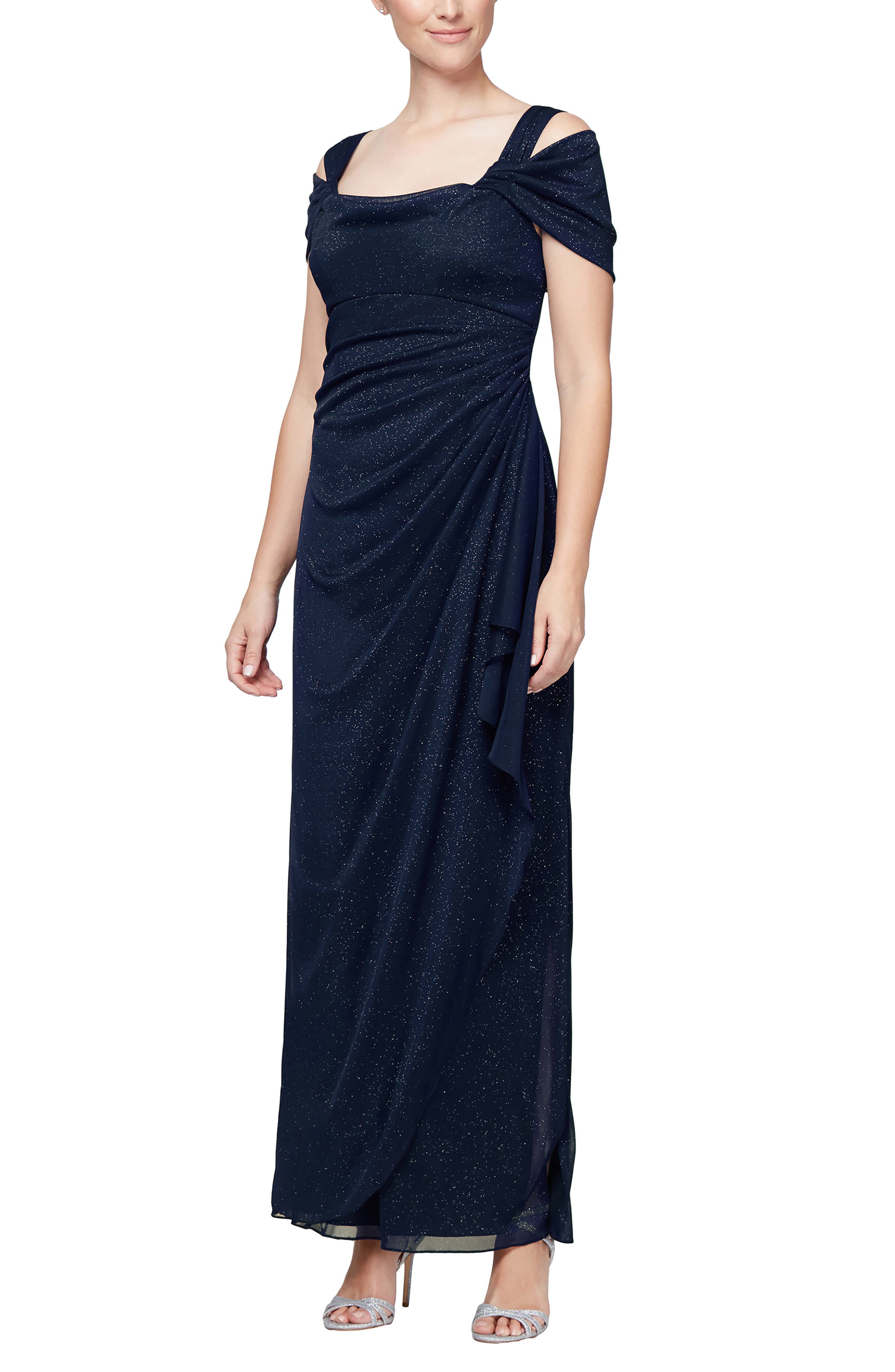 Cold Shoulder Ruffle Glitter Chiffon Gown - image 5