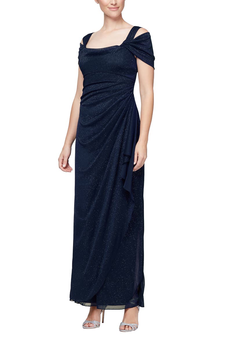Cold Shoulder Ruffle Glitter Chiffon Gown, Main, color, DARK NAVY