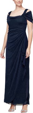 Alex Evenings Cold Shoulder Ruffle Glitter Chiffon Gown