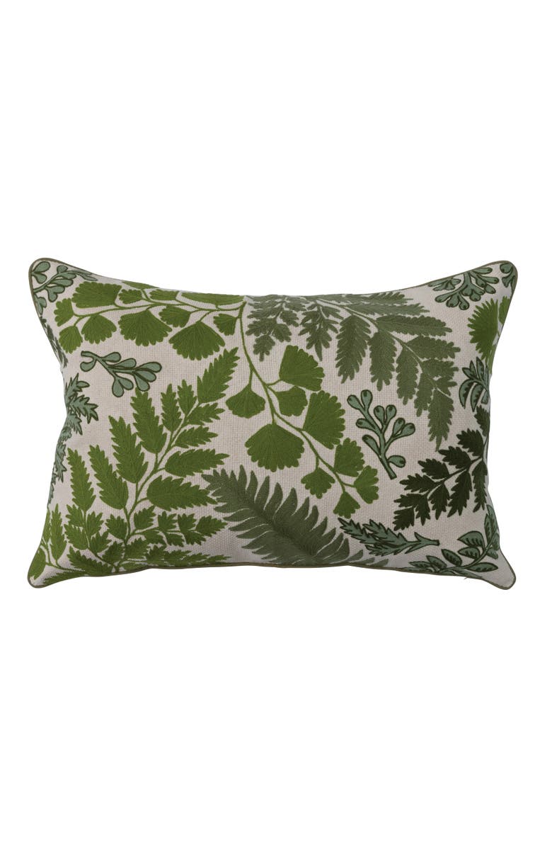 Storied Home Cotton Embroidered Lumbar Pillow with Botanical Prints, Green and Natural, Main, color, Green