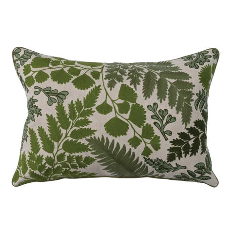 Cotton Embroidered Lumbar Pillow with Botanical Prints, Green and Natural
