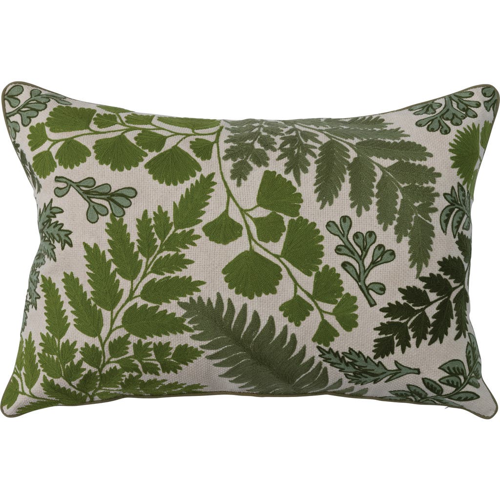 Storied Home Cotton Embroidered Lumbar Pillow With Botanical Prints, Green And Natural