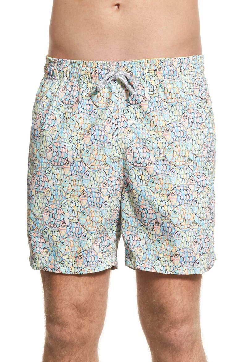 'Abstract Fish' Print Swim Trunks, Main, color, YELLOW