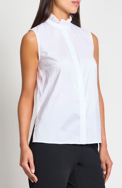 Ming Wang Ruffle Neck Stretch Cotton Blend Sleeveless Button-up Top In White