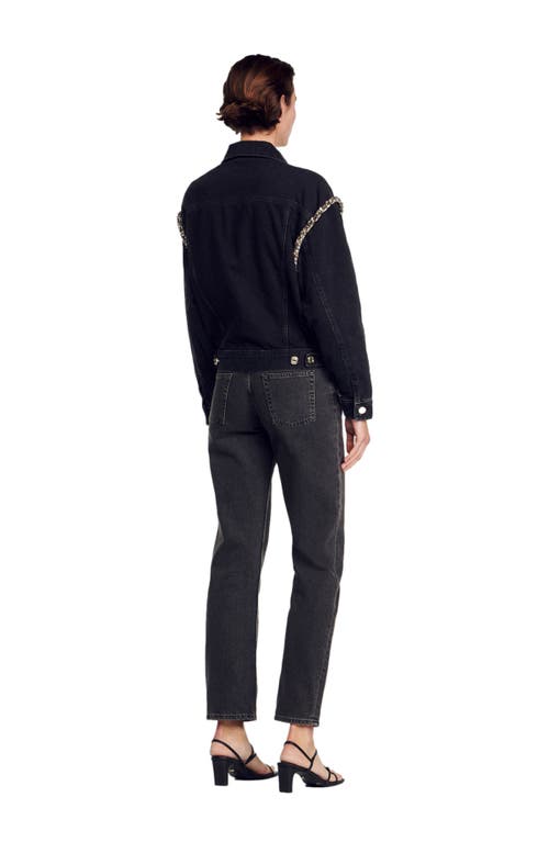 Sandro Oversized Denim Jacket With Rhinestones In Black