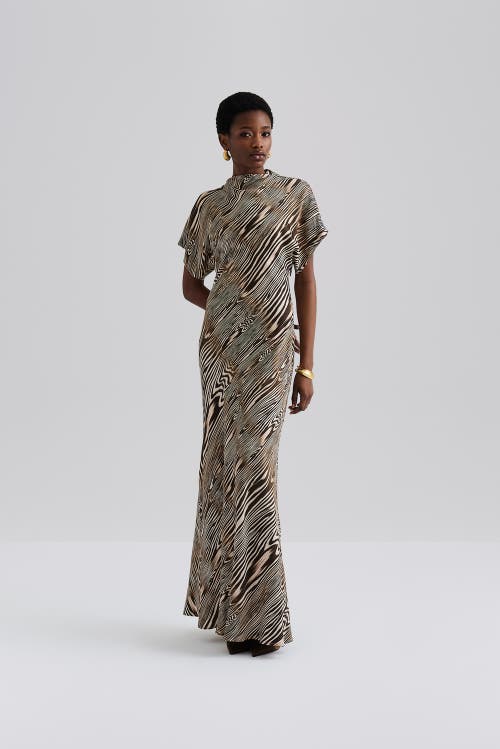 Malina Alivia Short Sleeve Satin Maxi Dress In Neutral