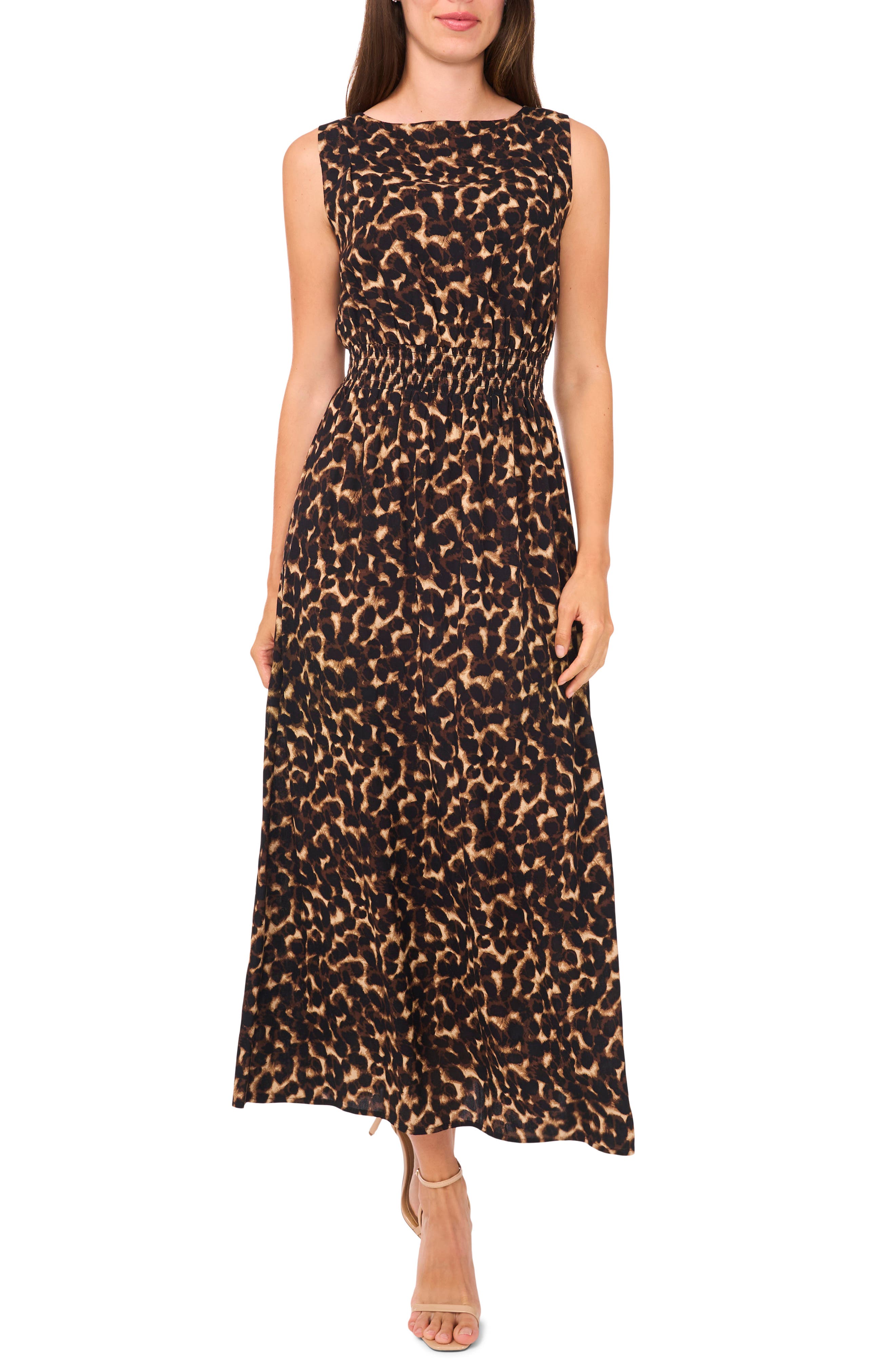 Halogen® Leopard Smocked Waist Maxi Dress