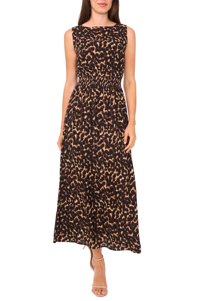 Leopard Smocked Waist Maxi Dress, Main, color, NOMAD CAMEL