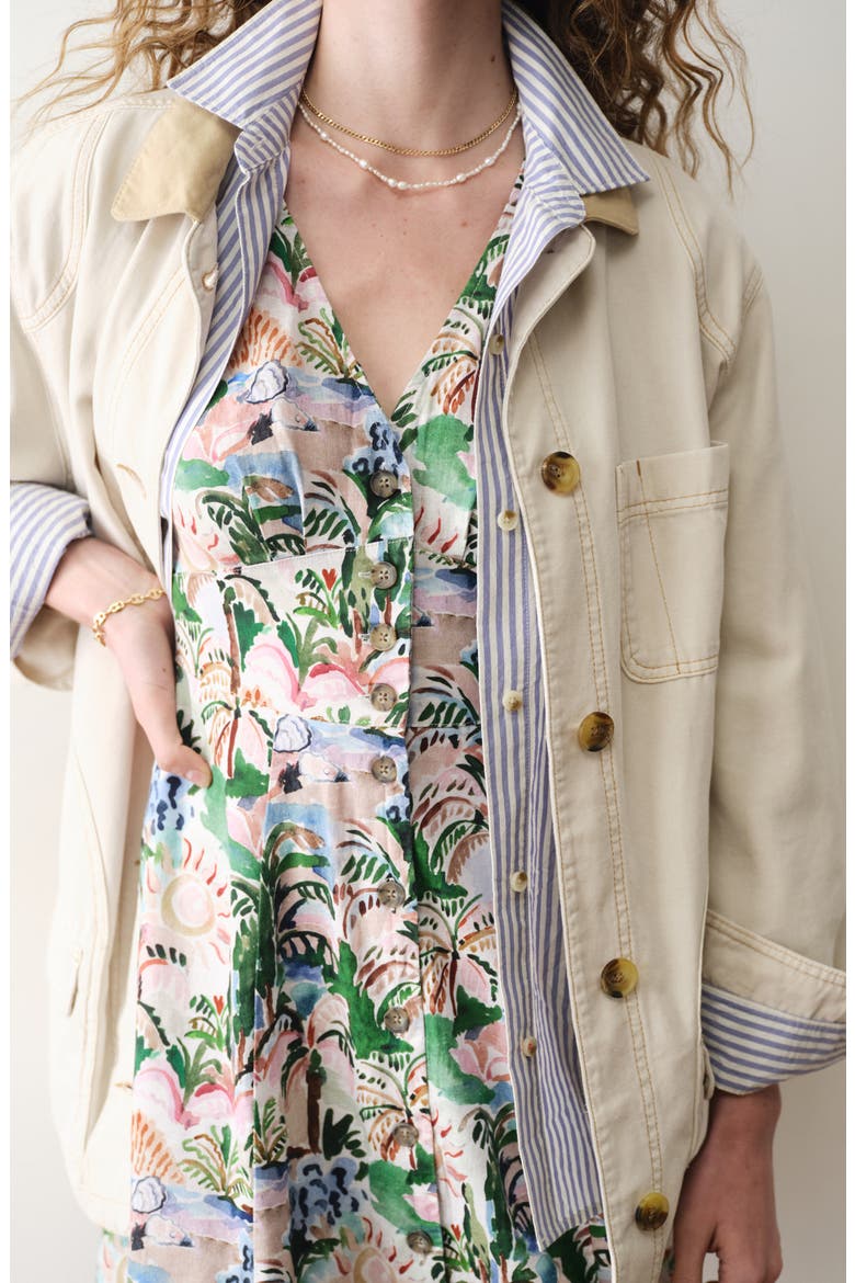 Camila Print Button Front Hemp Blend Minidress, Alternate, color, WATERCOLOR PALM
