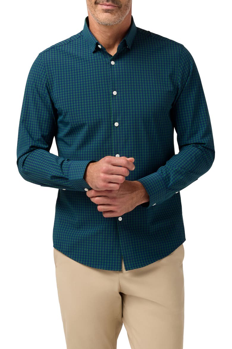 Leeward Trim Fit No Tuck Gingham Performance Button-Up Shirt, Main, color, OLIVE CREW GINGHAM