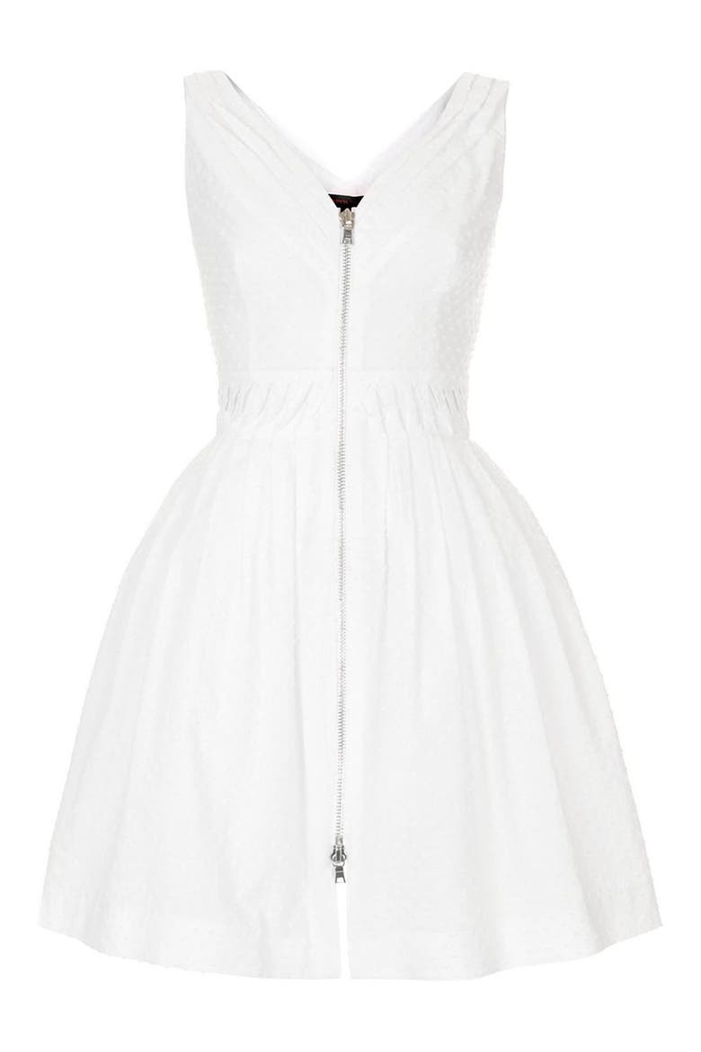 Kate Moss for Topshop Zip Front Cotton Dobby Sundress, Alternate, color, WHITE