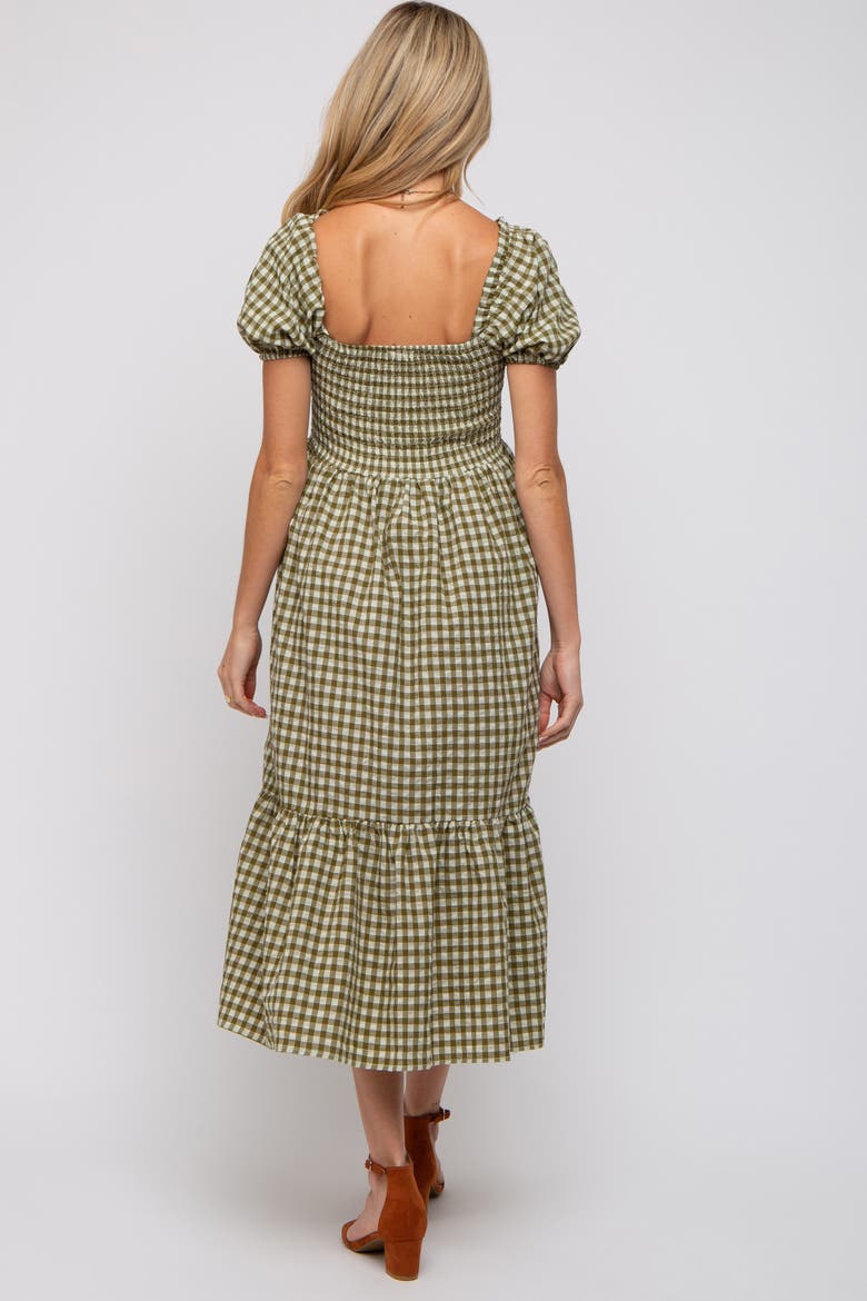 Gingham Smocked Midi Dress, Alternate, color, Olive Green