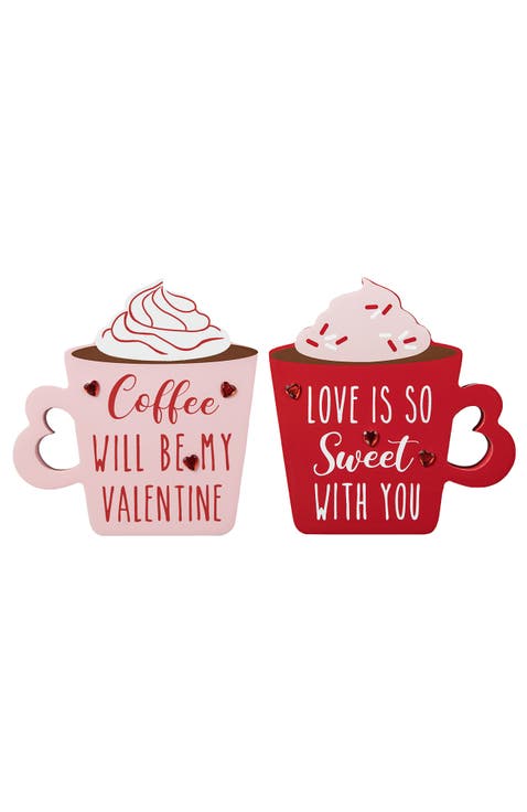 Set of 2 Wooden Valentine's Coffee Cup Table Decor