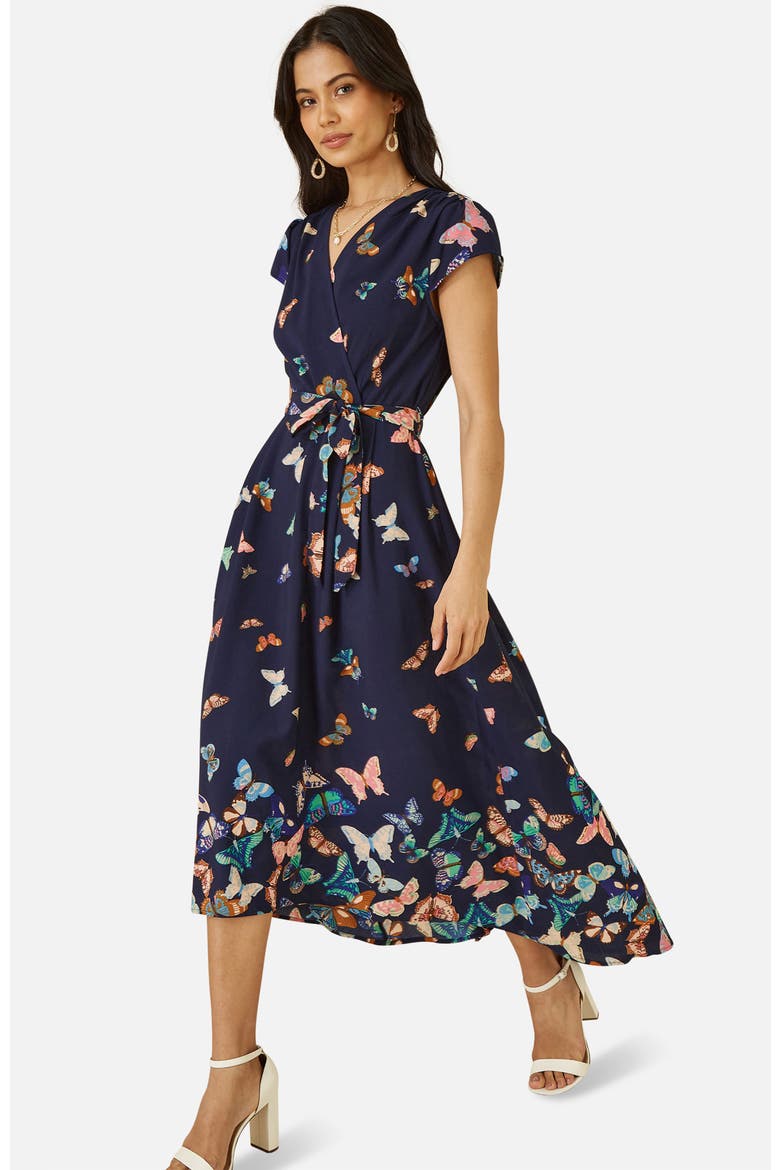 Butterfly Print Dip Hem Midi Wrap Dress, Alternate, color, Navy