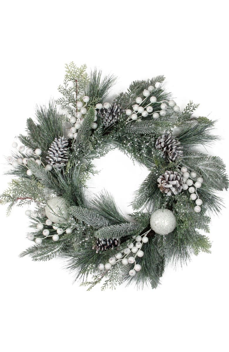 Northlight Frosted Mixed Pine and Pine Cone Artificial Christmas Wreath, 24-inch, Unlit, Main, color, Green