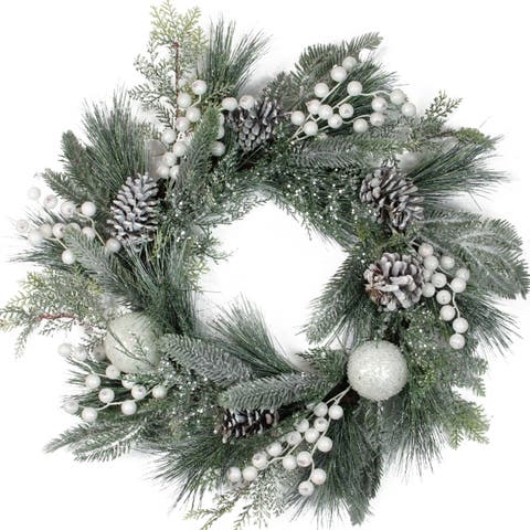 Frosted Mixed Pine and Pine Cone Artificial Christmas Wreath, 24-inch, Unlit