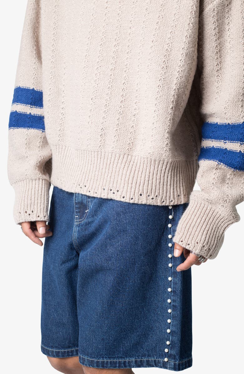 mnml Varsity V-Neck Sweater, Alternate, color, Off White/ Blue