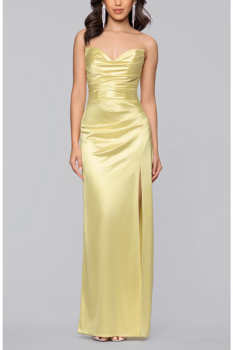 Glam Ruched Strapless Satin Gown, Main, color, YELLOW