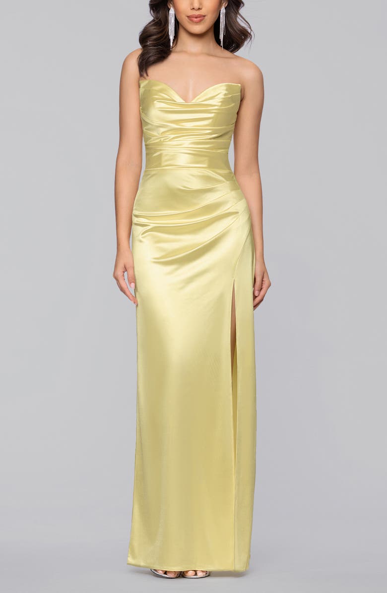 Blondie Nites Glam Ruched Strapless Satin Gown, Main, color, Yellow