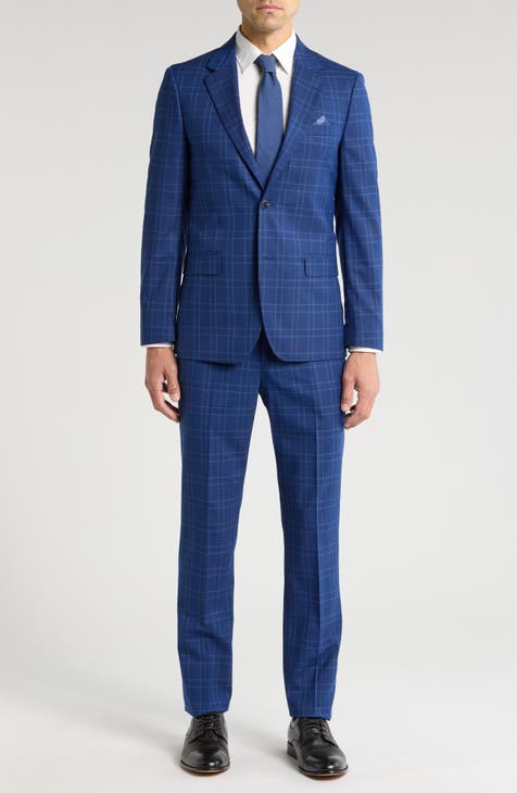 Blue Windowpane Notch Lapel Stretch Suit (Short, Regular & Long)