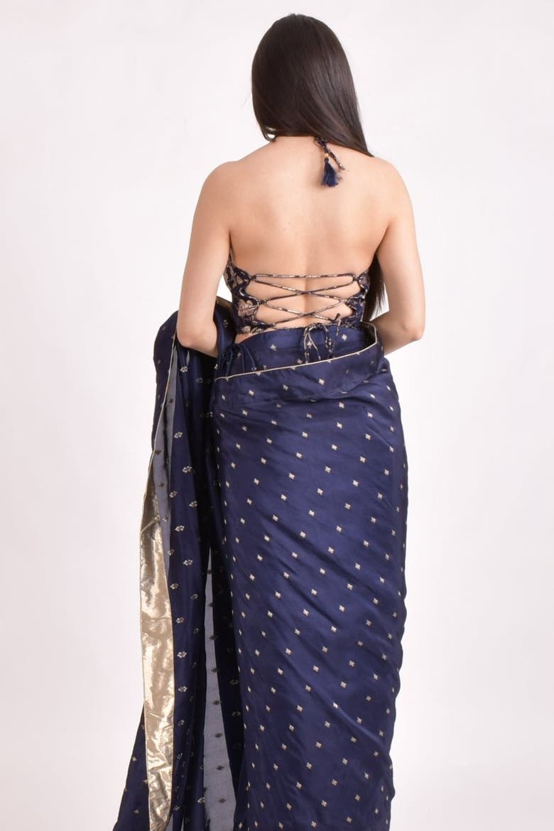Jacquard Floral Pre-Pleated Saree With Halter Blouse, Alternate, color, Navy