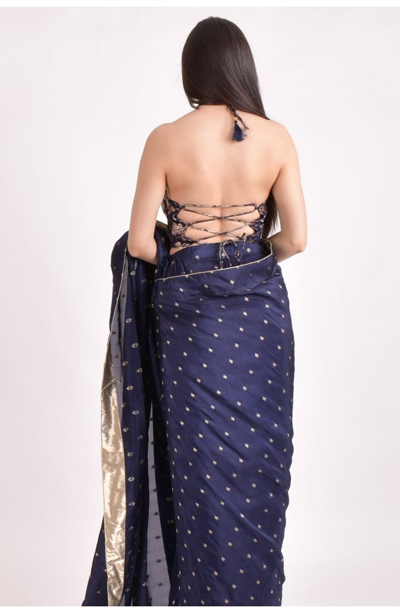 RAAS Jacquard Floral Pre-Pleated Saree With Halter Blouse, Alternate, color, Navy