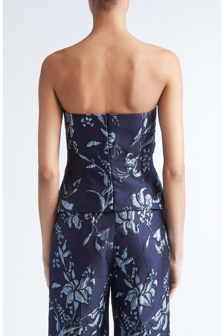 Metallic Floral Brocade Strapless Cascade Top, Alternate, color, NAVY