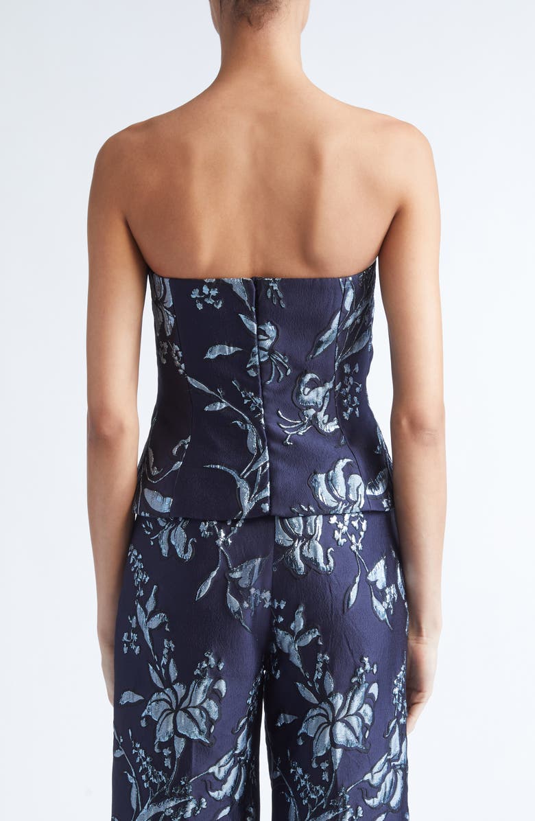 Lela Rose Metallic Floral Brocade Strapless Cascade Top, Alternate, color, Navy