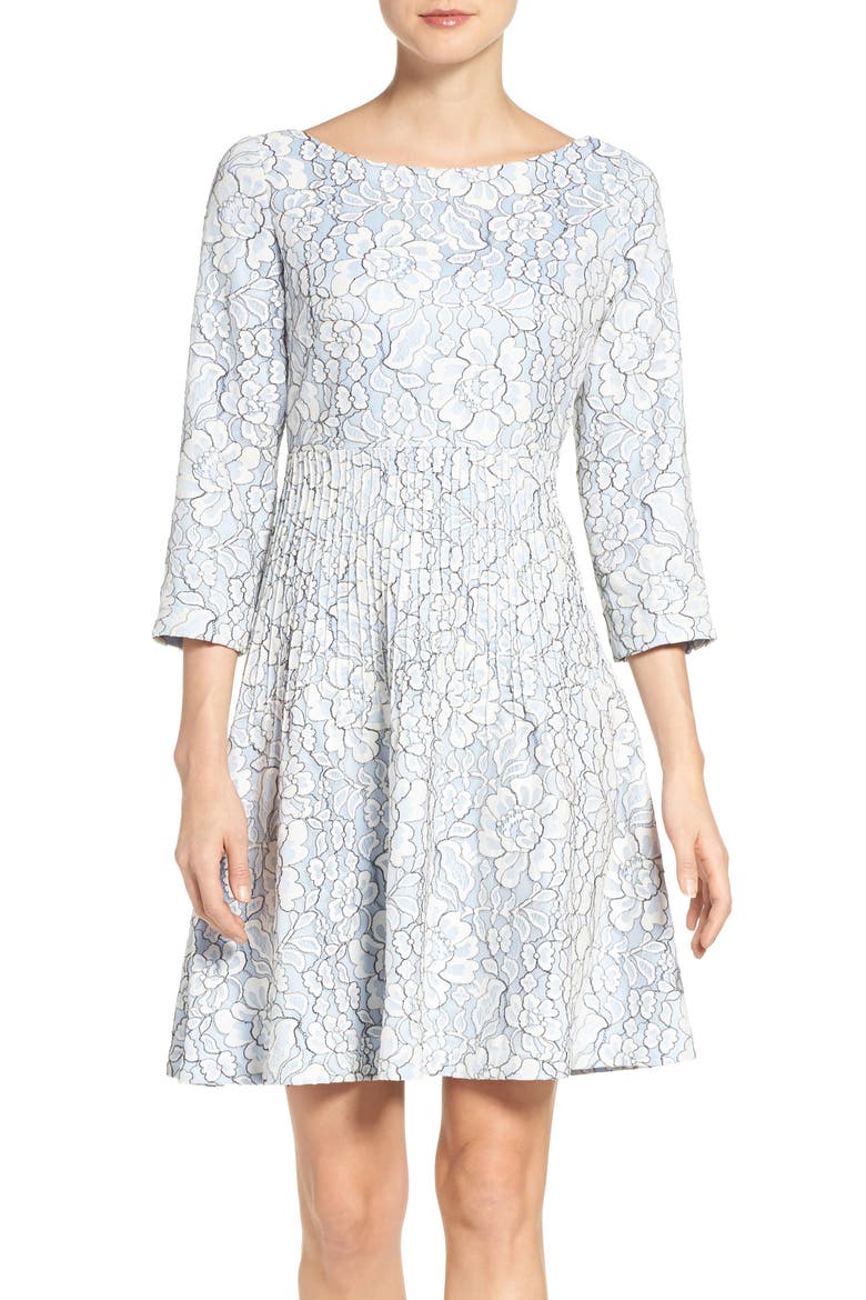 Embroidered Floral Fit & Flare Dress, Main, color, IVORY/ BLUE